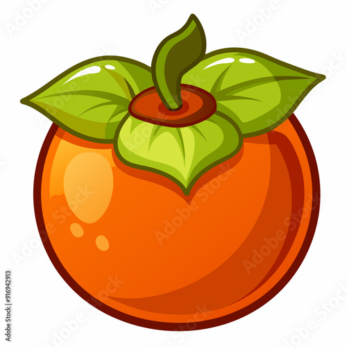 A Single Orange Persimmon Fruit with Green Leaves
