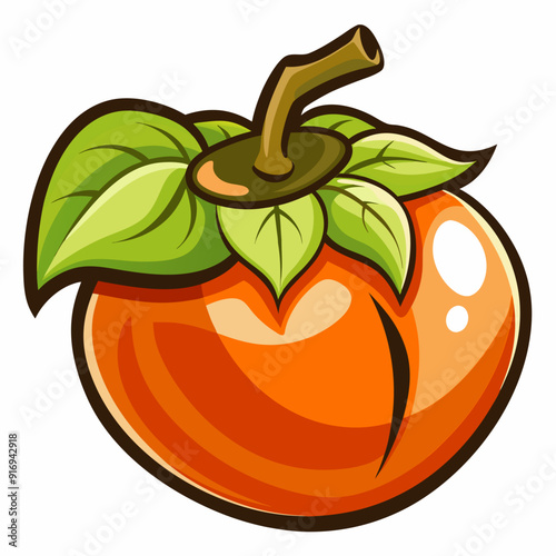Cartoon Illustration of a Ripe Persimmon with Green Leaves