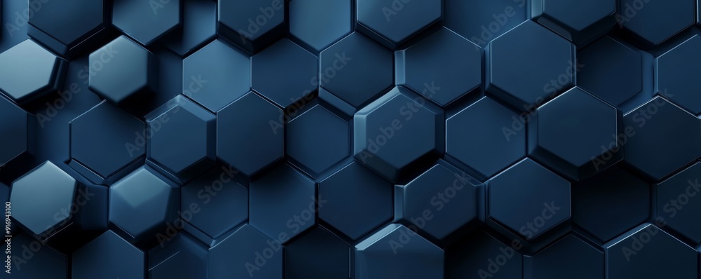 A dark blue abstract background with hexagons in different shades, creating a sophisticated and layered pattern..