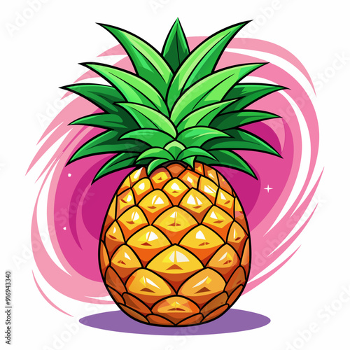 A Vibrant Cartoon Pineapple with Green Spiky Leaves Against a Pink Swirl Background