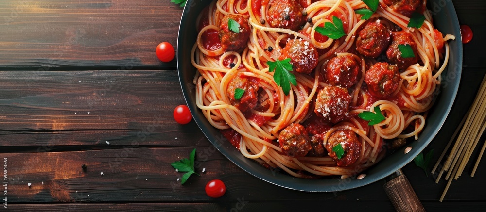 Fototapeta premium Top view image of spaghetti with meatballs in tomato sauce and parsley in a frying pan on a dark table background, with a banner and copy space.