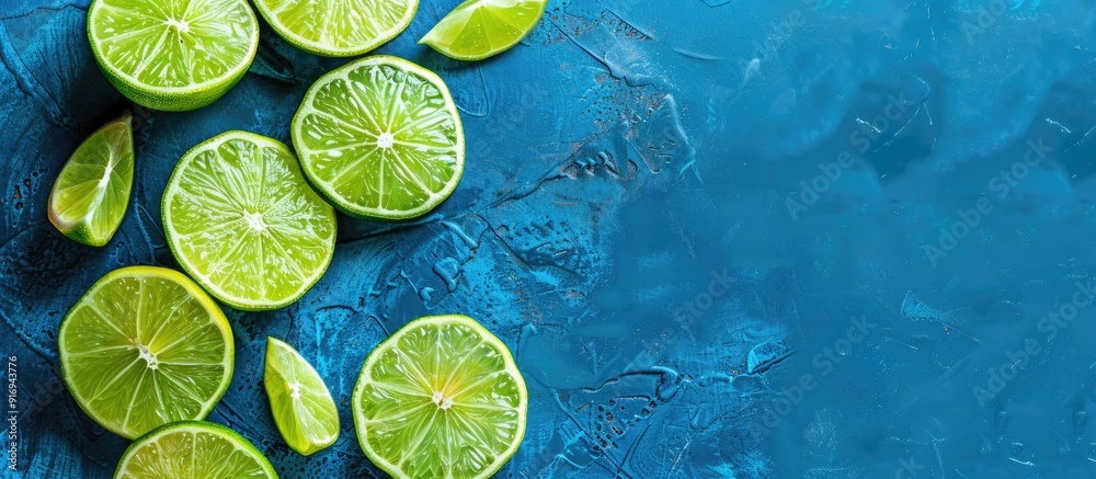 Trendy blue background with juicy lime slices, a copy space image available for text. Trendy blue background with juicy lime slices, a copy space image available for text.