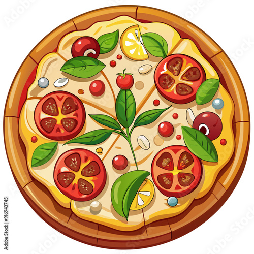 A Cartoon Pizza Topped with Tomatoes, Lemon, Basil, and Cheese