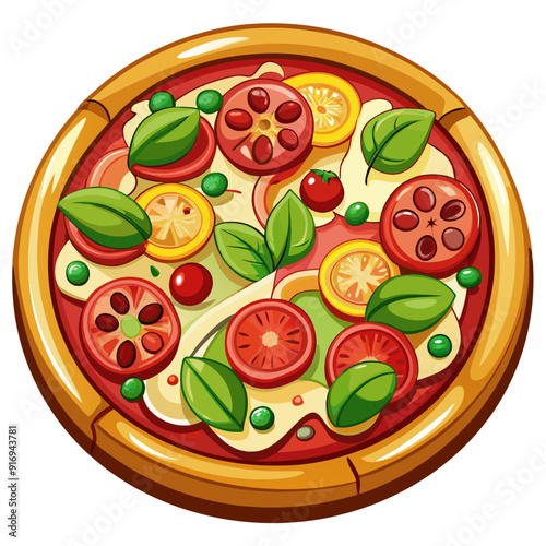 A Cartoon Pizza Topped with Tomato Slices, Basil, and Peas