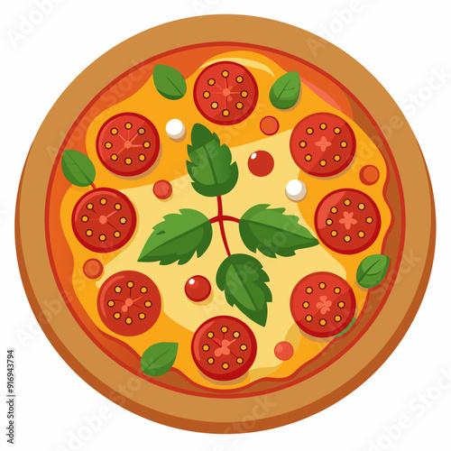 A Top View of a Delicious Pizza with Tomato Toppings and Basil