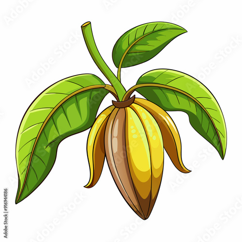 Cartoon Illustration of a Ylang Ylang Flower Bud with Green Leaves