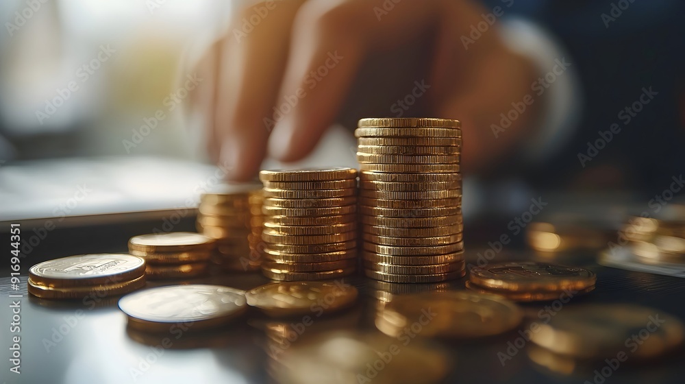 Stack of Coins with Blurry Person in Background. Stack of Coins with Blurry Person in Background.