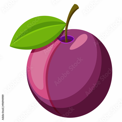 Purple Plum with Green Leaf and Stem