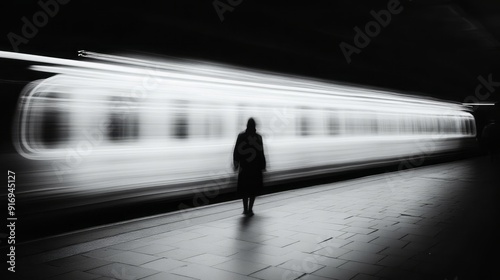 A solitary figure waits at a subway platform as a train rushes by in a dimly lit station during the late evening