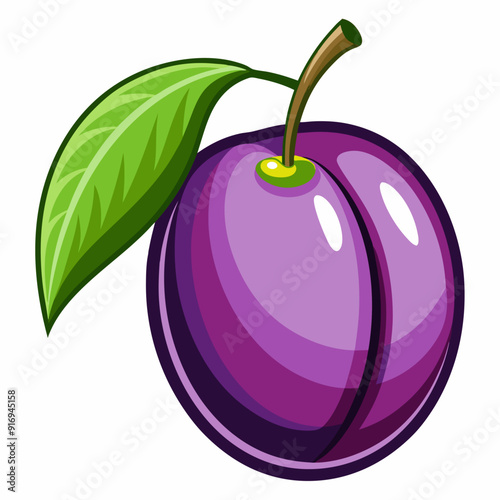 A Single Purple Plum with a Green Leaf