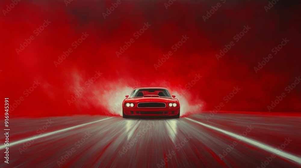 Naklejka premium A red muscle car speeds down a foggy, illuminated road against a dramatic red backdrop at dusk
