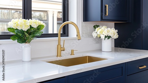 A modern kitchen with navy blue cabinets and a golden faucet highlights fresh plants by the window, creating a bright and inviting atmosphere for cooking and gathering