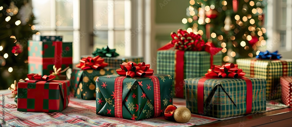 Obraz premium Various festive gifts displayed on a table, adorned with vivid wrapping paper and bows, with available space for text in the image. image with copy space