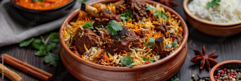 Fototapeta premium Highly delicious and spicy Mutton Biryani created with marinated lamb or goat meat mixed with a variety of Indian spices and slow cooked with rice