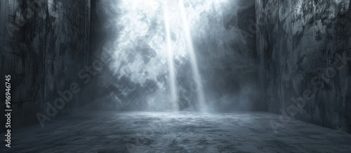 Sparse, dim room background with empty walls, lighting, smoke, and glowing rays, suitable for copy space image.