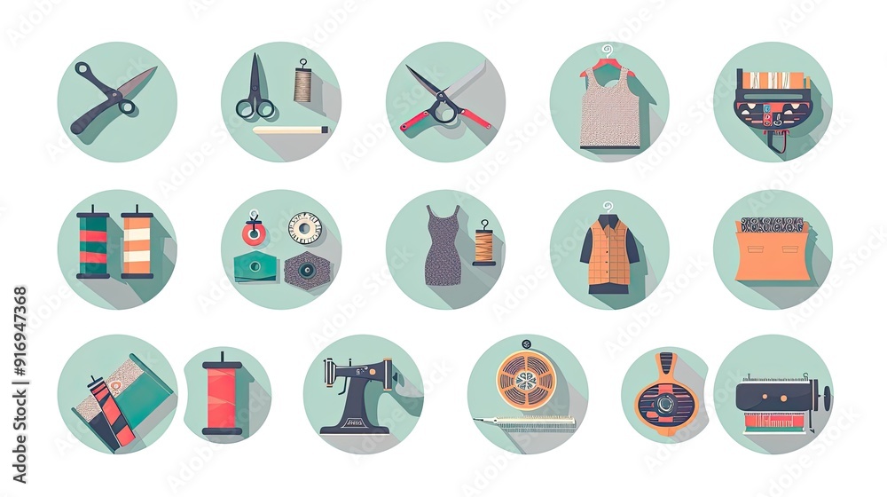 A set of flat icons representing sewing tools and materials A set of flat icons representing sewing tools and materials