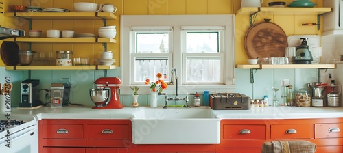  A cheerful kitchen with bright cabinets, a farmhouse sink, and open shelving. 