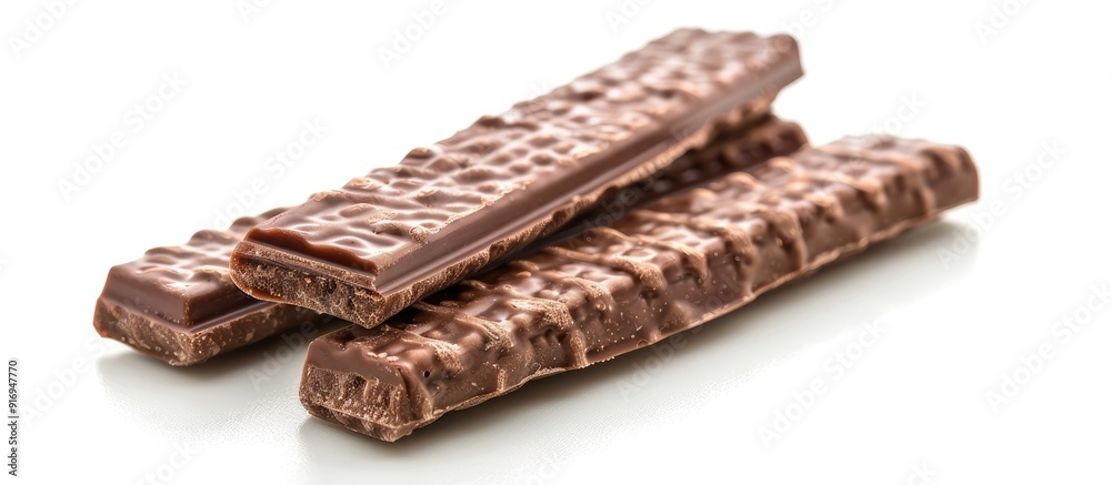 Isolated chocolate wafer stick on a white background, featuring copy space for text. Sweet treat image. Isolated chocolate wafer stick on a white background, featuring copy space for text. Sweet treat image.