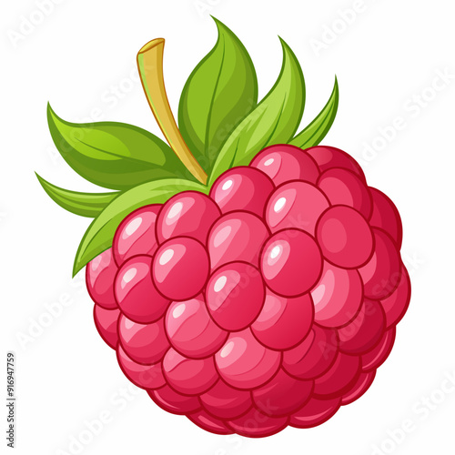 A Single Cartoon Raspberry with Green Leaves