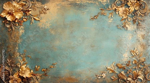 A large, ornate vintage frame with gold floral accents and an aged texture, against a teal background with painted-style roses on the right..
