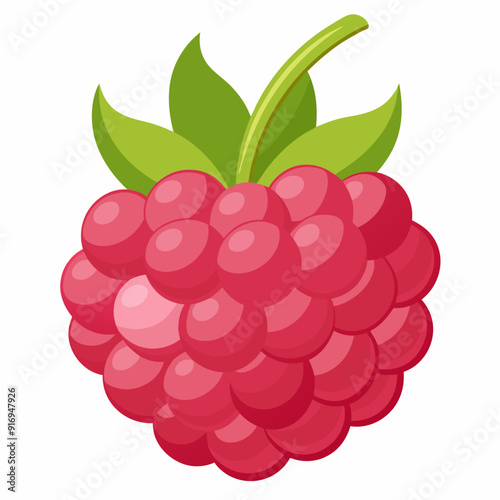 A Single, Ripe Raspberry with Green Leaves