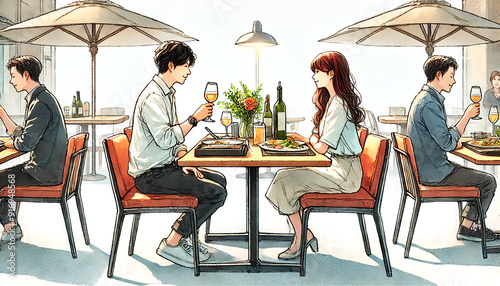 A couple enjoying dinner at a restaurant in watercolor style with a