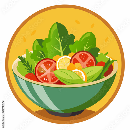 Green bowl filled with fresh salad, tomatoes, and lemon slices