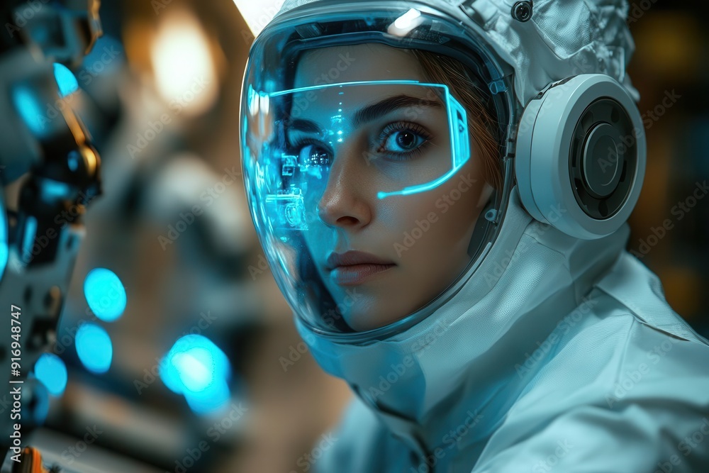 futuristic factory worker in sleek protective gear operating holographic controls surrounded by robotic arms and conveyor belts bathed in cool blue light futuristic factory worker in sleek protective gear operating holographic controls surrounded by robotic arms and conveyor belts bathed in cool blue light