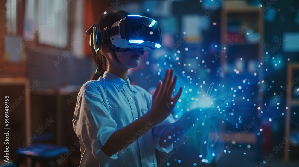 School student utilizing AI apparatus with a VR headset. Generative Ai