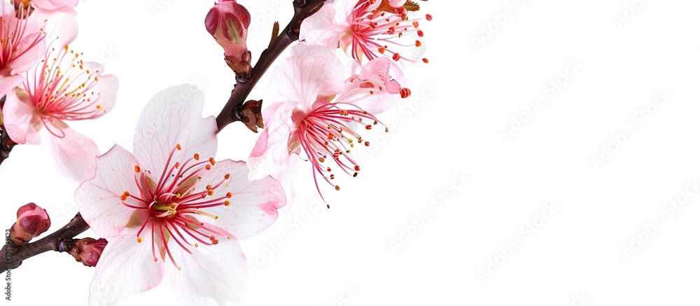 Fototapeta premium Peach blossom with copy space image against a white backdrop.
