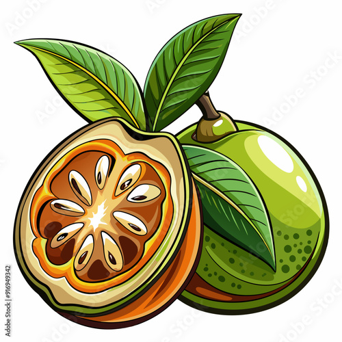 A Whole and Sliced Green Fruit with Leaves
