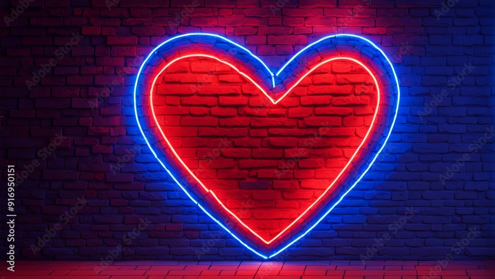 A neon sign with a heart symbol on the wall, consisting only of bricks, in blue and red tones. A neon sign with a heart symbol on the wall, consisting only of bricks, in blue and red tones.