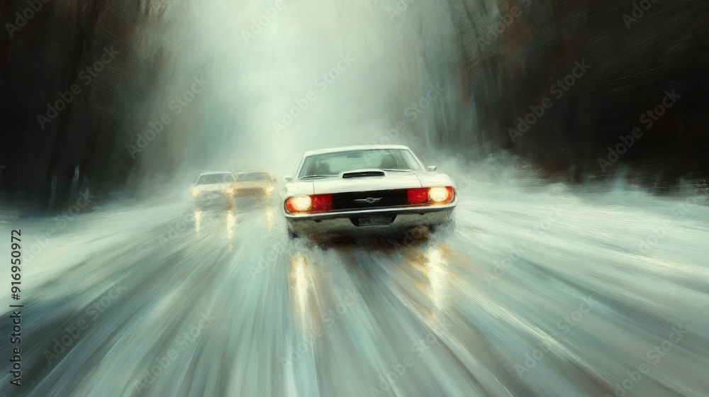 Classic cars racing on a snowy road during a winter storm in the mountains Classic cars racing on a snowy road during a winter storm in the mountains
