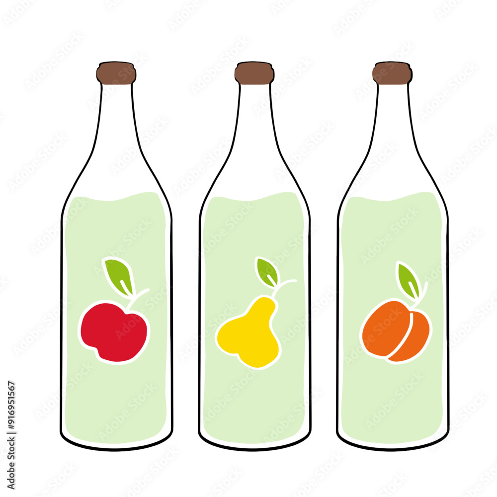 Bottles of eco-friendly drinks featuring apple, pear, and peach flavors on a clean background Bottles of eco-friendly drinks featuring apple, pear, and peach flavors on a clean background