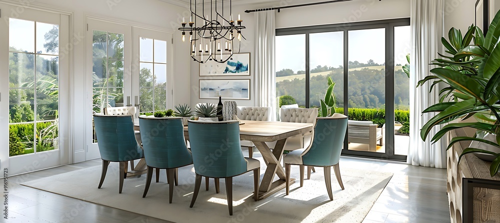 Obraz premium A contemporary dining room with a large table, stylish chairs, and a modern chandelier. 