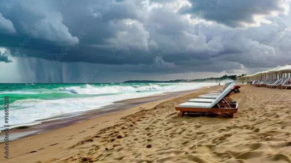 Gloomy Cloudy Day on the Beach, End of the Beach Season, Melancholic and Serene Gloomy Cloudy Day on the Beach, End of the Beach Season, Melancholic and Serene
