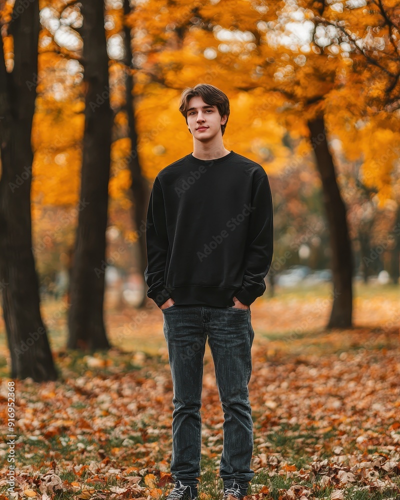 A portrait of a young man wearing a black crewneck sweater, standing against a vibrant background of autumn leaves. Fashion Mockup Concept. A portrait of a young man wearing a black crewneck sweater, standing against a vibrant background of autumn leaves. Fashion Mockup Concept.
