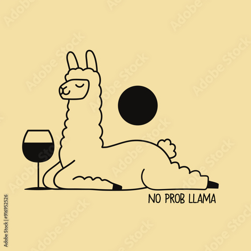 Vector illustration with relaxing llama or alpaca and glass of wine or other drink. No prob llama text. Monochrome print design with animal and drink, apparel print, wall decoration poster