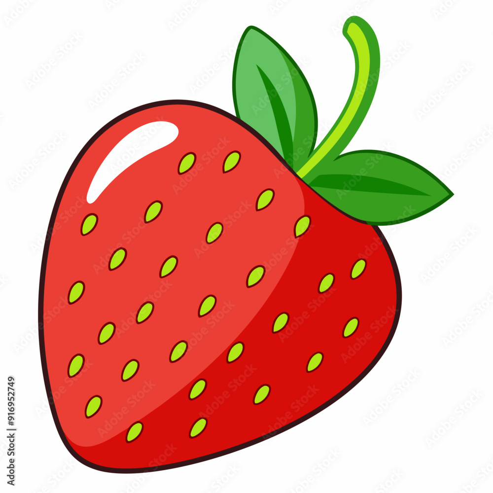 Cartoon Illustration of a Single Red Strawberry with Green Leaves Cartoon Illustration of a Single Red Strawberry with Green Leaves