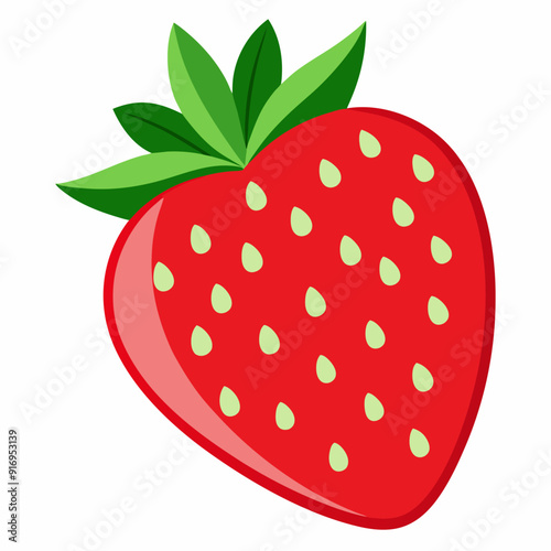 Single Red Strawberry with Green Leaves and White Seeds