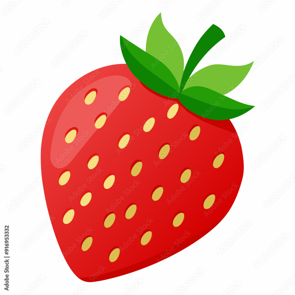 A single red strawberry with green leaves and yellow seeds A single red strawberry with green leaves and yellow seeds