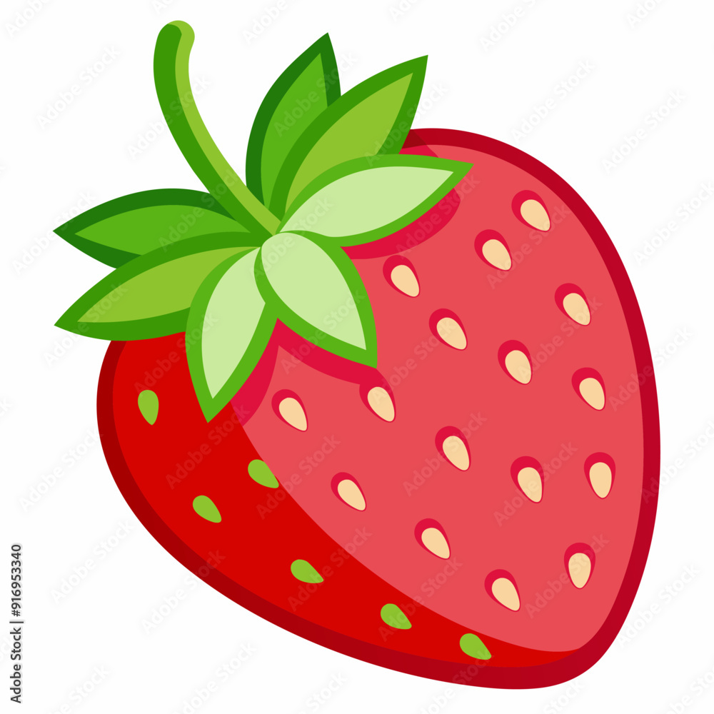A Single, Ripe Red Strawberry with Green Leaves A Single, Ripe Red Strawberry with Green Leaves