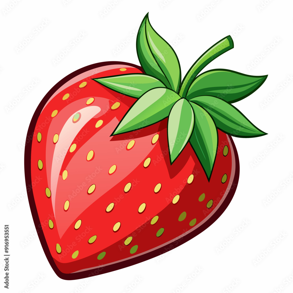 Obraz premium A Single Red Strawberry with Green Leaves