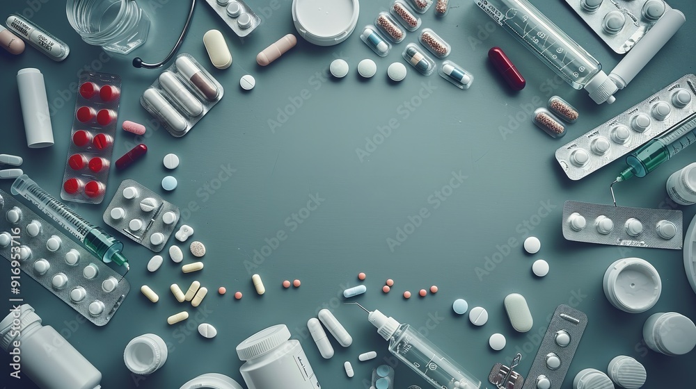 Fototapeta premium The top-view flat lay displaying medical equipment. Generative Ai