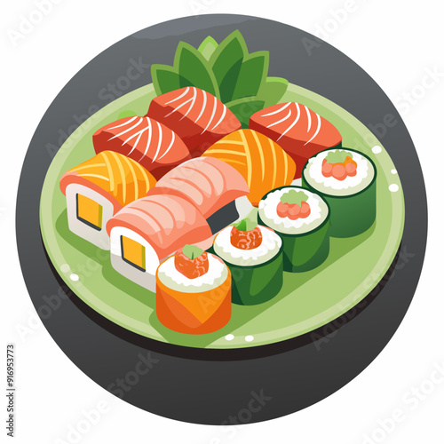 Assortment of Sushi Rolls and Sashimi on a Green Plate