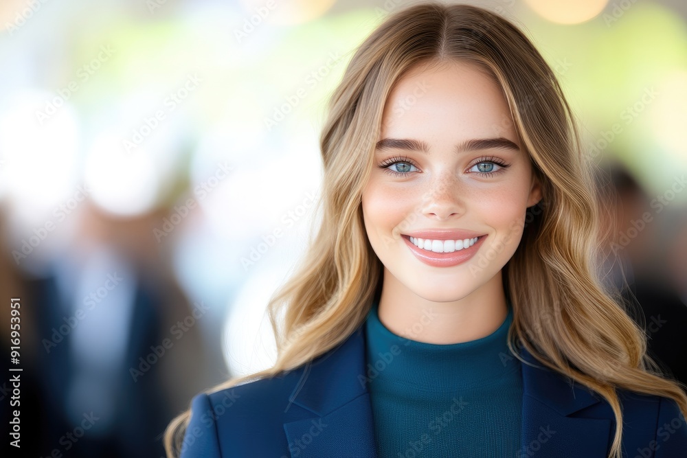 Successful Female Professional Smiling in Blue Suit and Teal Top Successful Female Professional Smiling in Blue Suit and Teal Top