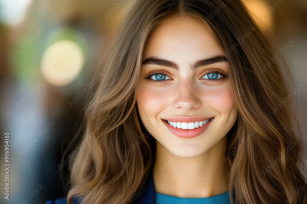 Professional Woman with a Smile in Blue Suit and Teal Top, Blurred City Background Professional Woman with a Smile in Blue Suit and Teal Top, Blurred City Background