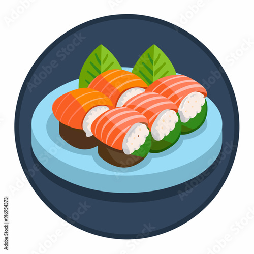 Salmon Sushi Rolls on a Blue Plate with Green Leaves