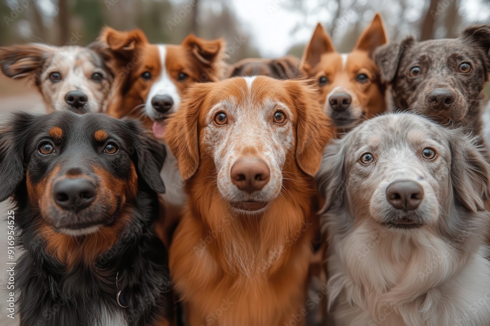 hilarious group selfie of diverse dog breeds squeezed together each with a unique expression against a blurred park background capturing canine personalities hilarious group selfie of diverse dog breeds squeezed together each with a unique expression against a blurred park background capturing canine personalities