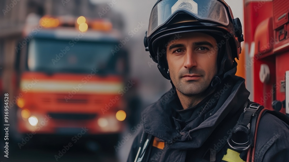 Heroic Firefighter in Uniform with Fire Engine Background Heroic Firefighter in Uniform with Fire Engine Background